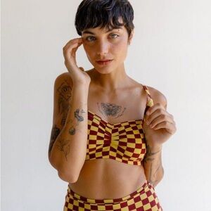 ARQ checkered bralette. Maroon and mustard.